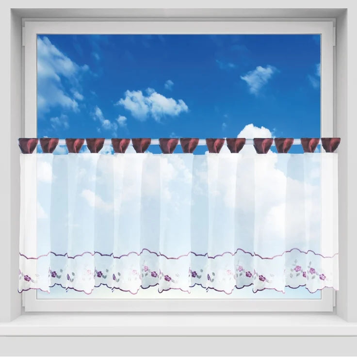 Gardinenset Voile mit Stangendurchzug Serie: Satin, Auswahl: weinrot - Blumen bestickt 5-teilig – Bild 4