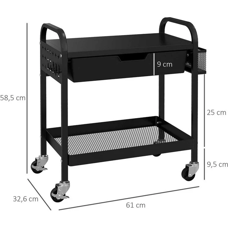HOMCOM Servierwagen Rollwagen Küchenwagen mit 1 Schublade, 1 Ablage, (Aufbewahrungswagen mit Haken, 1 St, Beistellwagen für Küche, Wohnzimmer), Stahl, Schwarz – Bild 2