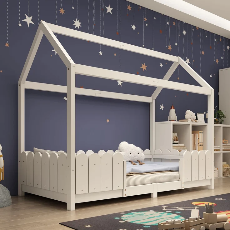 Bett 90x200 cm Hausbett mit Dach und Rausfallschutz – weißes Kinderhaus aus Kiefernholz mit Lattenrost – Bild 5