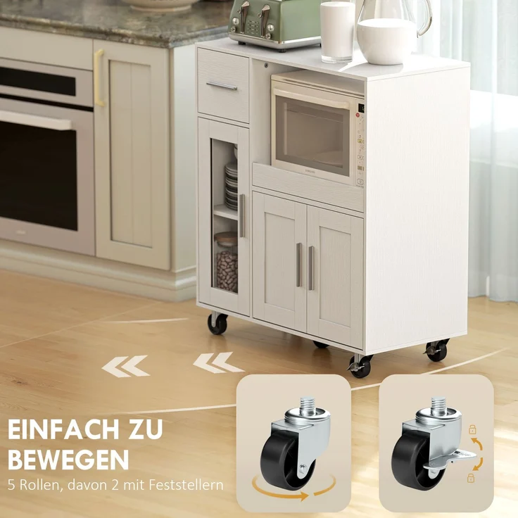 Küchenschrank auf Rädern, Mobile Küchenkommode mit Ablagen, Schubladen, verstellbarem Regal, Kabelloch, Weiß--Weiß--88.7x40x80cm--YOUDENOVA – Bild 9