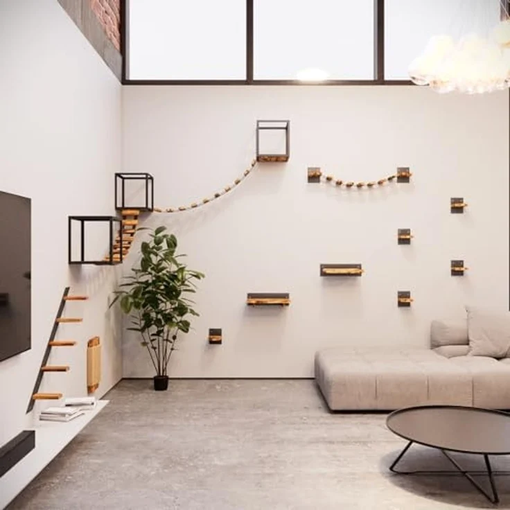 QLS Katzen-Kletterwand LOFT Wand- & Deckenmontage, Set Aus Metall pulverbeschichtet und Holz Geflammt 15 Teilig – Bild 5