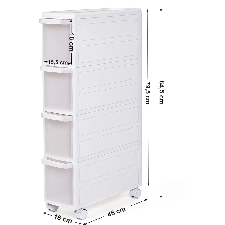 Songmics Rollwagen mit 4 Schubladen, Nischenregal mit 4 Ebenen, 2-teilig, separat benutzbar, Küchenregal, Badregal, Standregal, Allzweckwagen mit Rollen, 84,5 cm hoch, weiß KFR05W, 18 x 84,5 x 46 cm – Bild 3