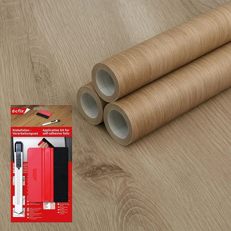 d-c-fix Möbel-Klebefolie Bundle 3X Ribbeck Oak 67,5 cm x 2 m + Rakelset - Möbelfolie Selbstklebende Küchenfolie Schrankfolie Deko-Folie Tischfolie Fensterbank Küchenfronten wasserfest