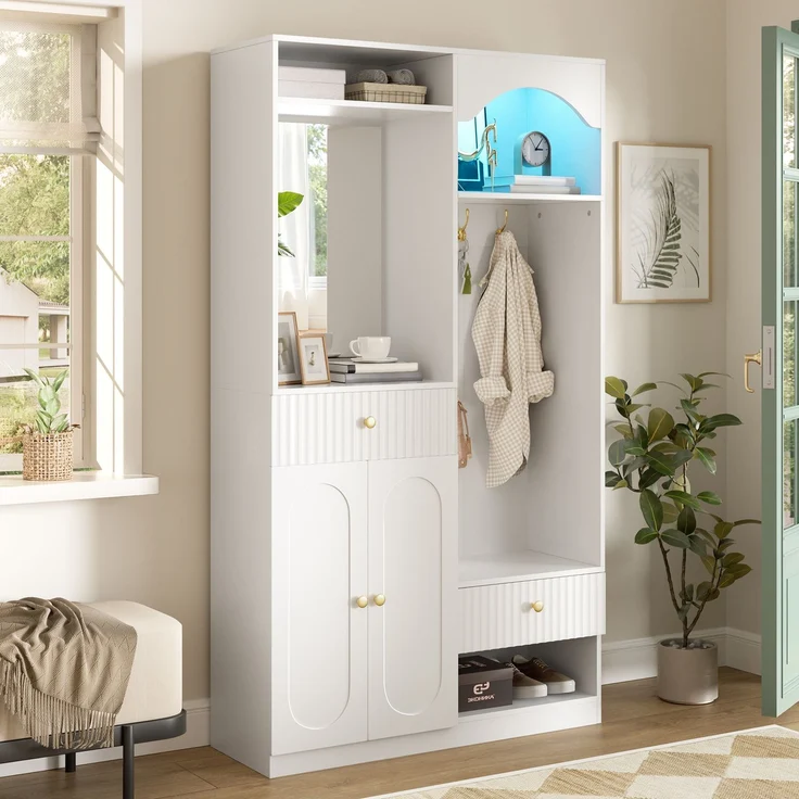 Kompaktgarderobe mit Spiegel und Sitzbank,Flurgarderobe mit Schuhschrank und Haken, Kleiderhaken,Kompaktgarderobe,Flurmöbel Set,Flurgarderobe – Bild 8