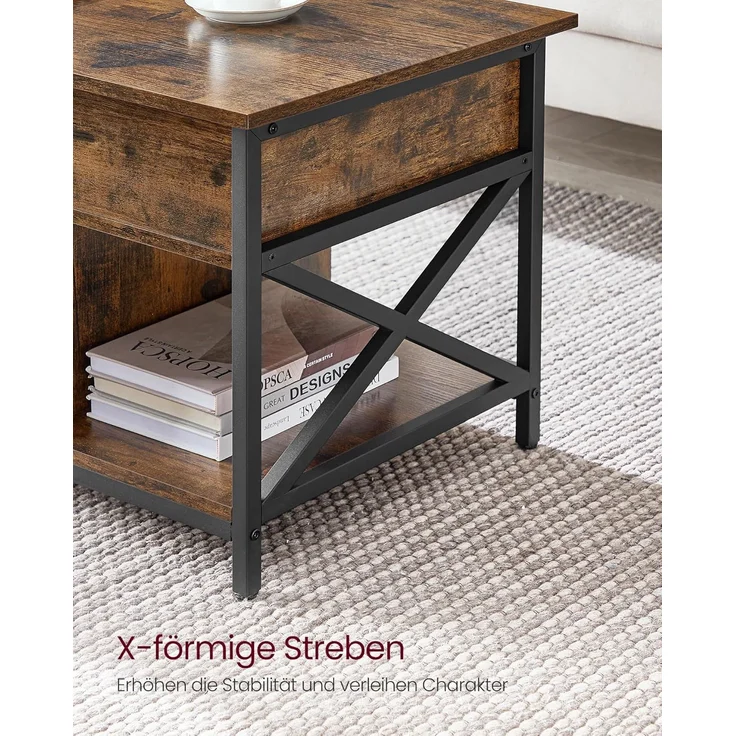 VASAGLE Couchtisch, höhenverstellbarer Wohnzimmertisch, Kaffeetisch, mit verstecktem Stauraum und offenen Fächern, Stahlgestell, 50x100 x (46,5-62) cm, vintagebraun-schwarz LCT202B01 – Bild 8