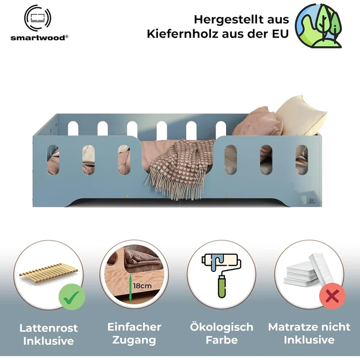 smartwood Kinderbett Bodenbett 80x200 mit Rausfallschutz & Lattenrost - Blau - Kinder Montessori Bett TILA 2 mit glatten Kanten - Betten für schnelle Montage - Bis 230 kg belastbar – Bild 3