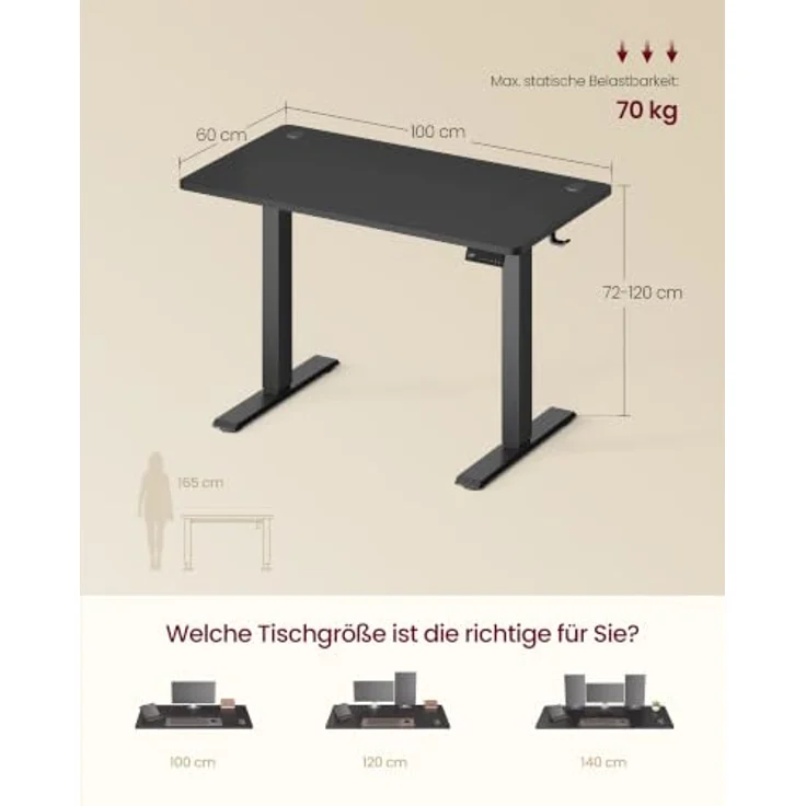 VASAGLE Höhenverstellbarer Schreibtisch, Memory-Funktion mit 4 Höhen | 100 x 60 cm, Stehtisch, Computertisch, Erinnerung bei langem Sitzen, für Büro, Schwarz, BALOK Kollektion LSD310BZ03 – Bild 3