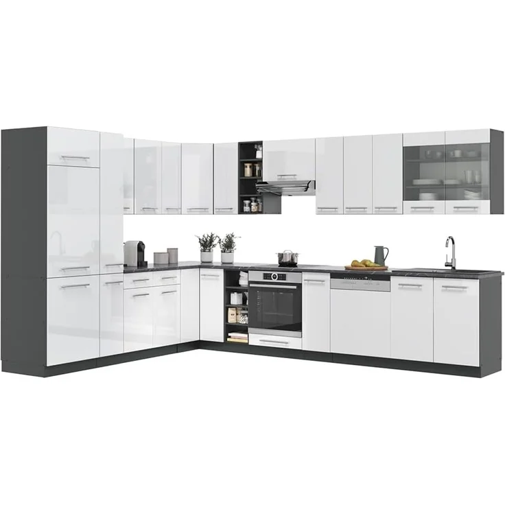 Eckküche Fame-Line Weiß Hochglanz/Anthrazit 347 x 257 cm, AP Eiche Vicco – Bild 8