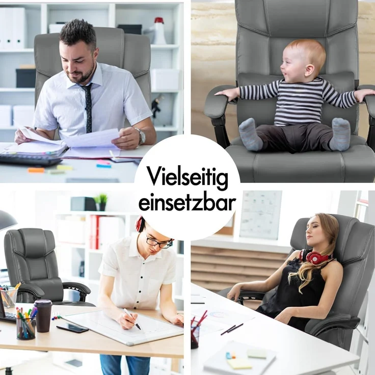 Ergonomischer Bürostuhl mit Fußstütze und hoher Rückenlehne PU-Leder Grau – Bild 7