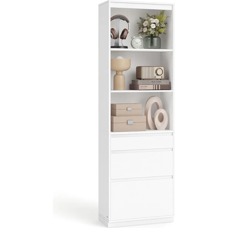 VASAGLE Bücherregal, Hochschrank, 3 unterschiedlich große Schubladen, verstellbare Ablagen, 180 cm hoch, für Wohnzimmer Schlafzimmer Arbeitszimmer, modern, platzsparend, schneeweiß LBC188W01 – Bild 1