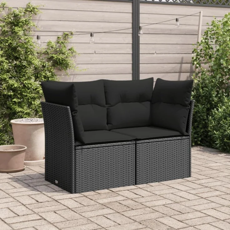 vidaXL Gartensofa mit Kissen 2-Sitzer Schwarz Poly Rattan 365986 – Bild 7