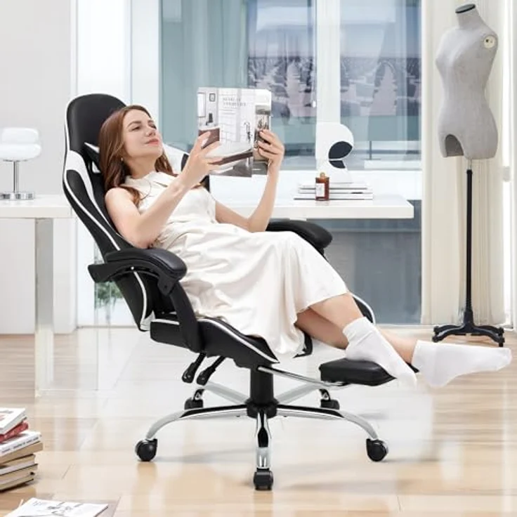 COLAMY Gaming Stuhl, Computer Stuhl mit Fußstütze und Lendenwirbelstütze, höhenverstellbarer Gaming Chair mit 360°-Drehsitz und Kopfstütze, Video Gamer PC Stuhl, Ergonomische hohe Rückenlehne, Weiß – Bild 3