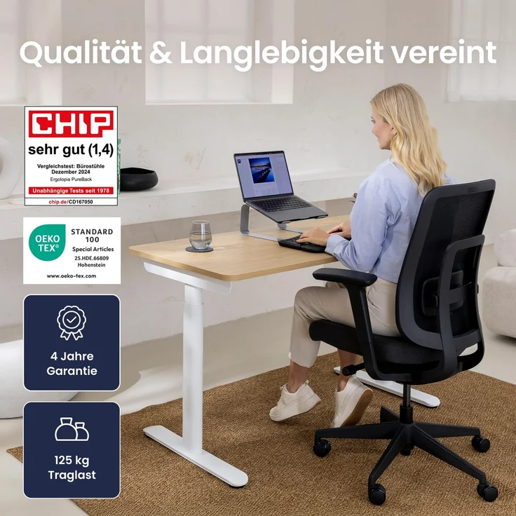Ergotopia 'PureBack' ergonomischer Bürostuhl mit Lordosenstütze & 4D-Armlehne, Schwarz, mit Kopfstütze – Bild 7