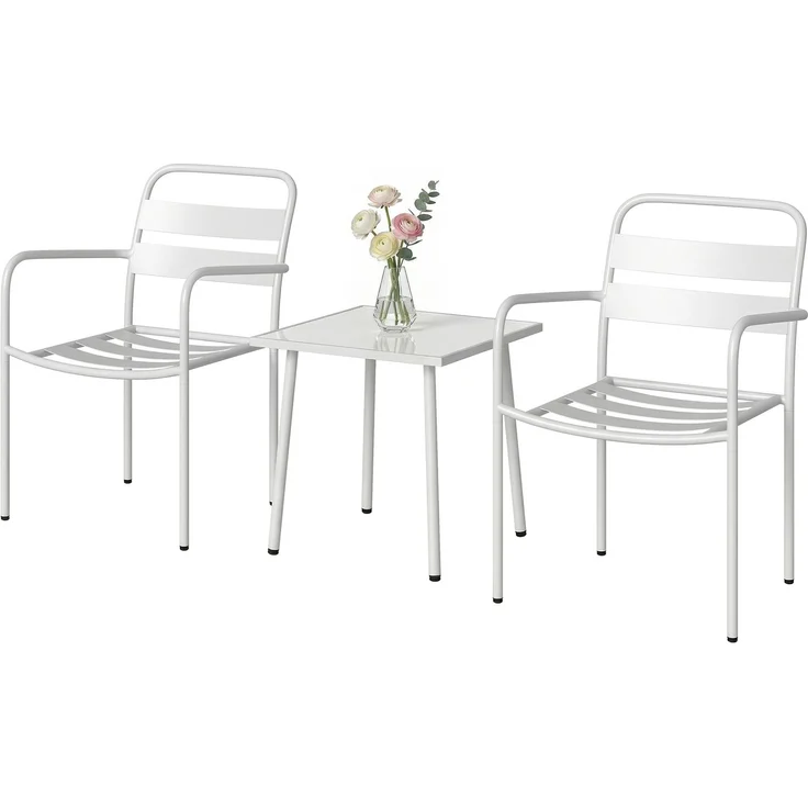 3-teiliges Bistrò-Set: Glastisch und 2 Stühle, weiße Gartenmöbel. – Bild 2