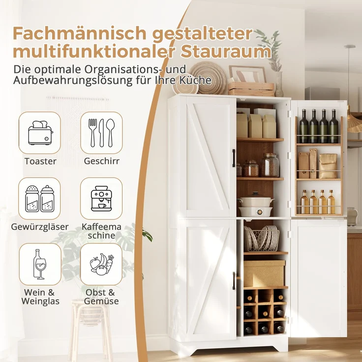 Küchenschrank, hoher Stauraumschrank mit 4 Scheunentor-Türen, Vorratsschrank mit Weinregal und Türregal, Aufbewahrungsschrank für Wohnzimmer und Esszimmer, 80 × 40× 180 cm – Bild 7
