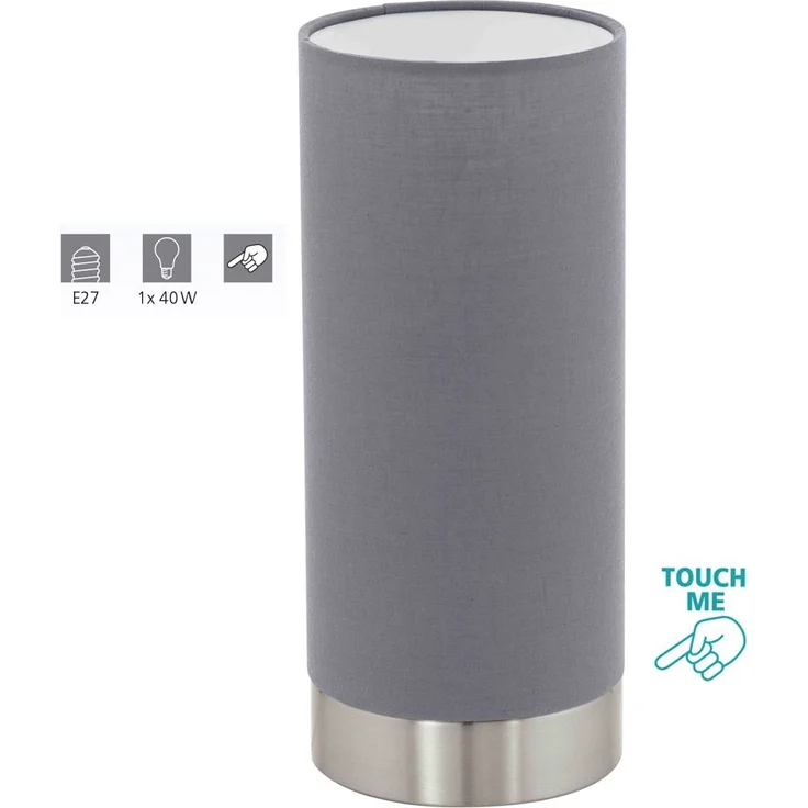 Eglo 95119 Tischleuchte Pasteri Textil grau E27 1X40W H:25,5cm Ø12cm mit Touchdimmer – Bild 1