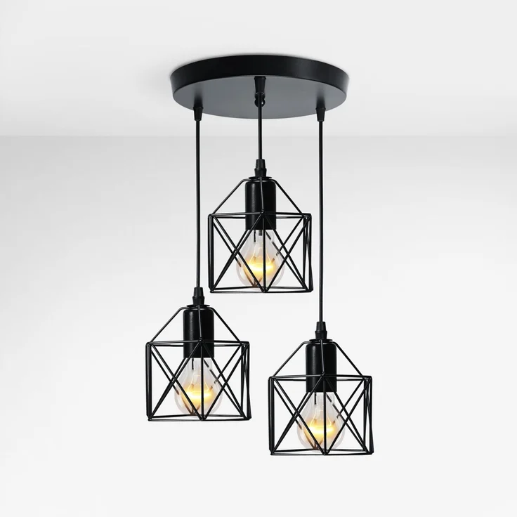 EMKE Pendellampe 3 flammige Kronleuchter Vintage Pendellampe Retro Hängelampe Deckenleuchter, Schwarz Lampenschirm für E27, Wohnzimmer Café – Bild 1