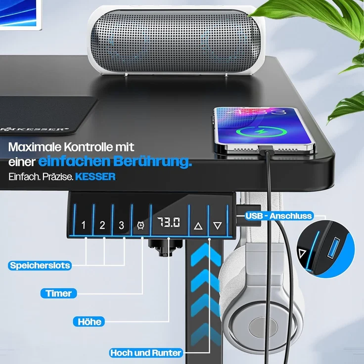 KESSER® Höhenverstellbarer Schreibtisch elektrisch | Ergonomisch Steh-Sitz Schreibtisch | 3-Funktions-Memory Steuerung | Inkl. 360° Rollen & USB-Ladeanschluss | Computertisch für Homeoffice Schwarz, 120 x 60 cm – Bild 2