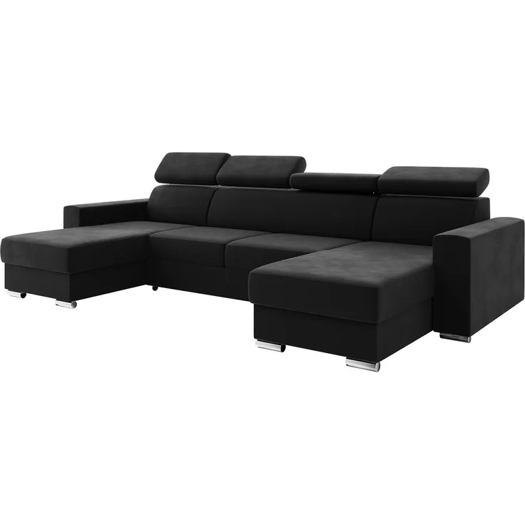 MEBLINI Schlafcouch mit Bettkasten - VOSS - 306x168x79cm - Schwarz Samt - Ecksofa mit Schlaffunktion - Sofa mit Relaxfunktion und Kopfstützen - Couch U-Form - Eckcouch - Wohnlandschaft