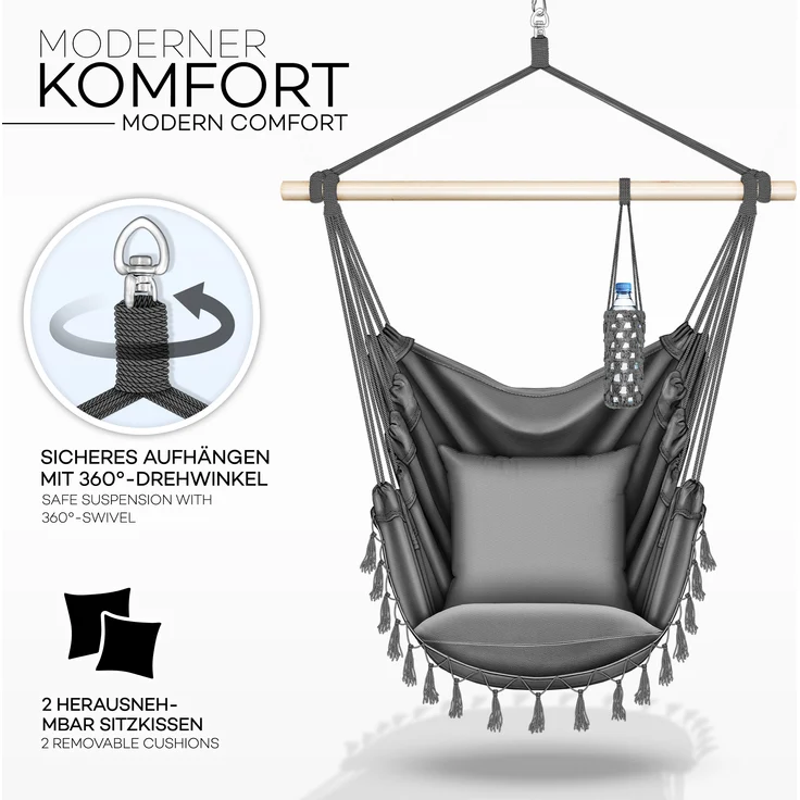 tillvex Hängesessel Anthrazit 2 Kissen zum Aufhängen | Hängestuhl mit Getränkehalter & Bücherfach | Hängesitz wetterfest - Indoor & Outdoor | Hängekorb mit Tragetasche für Erwachsene & Kinder – Bild 2