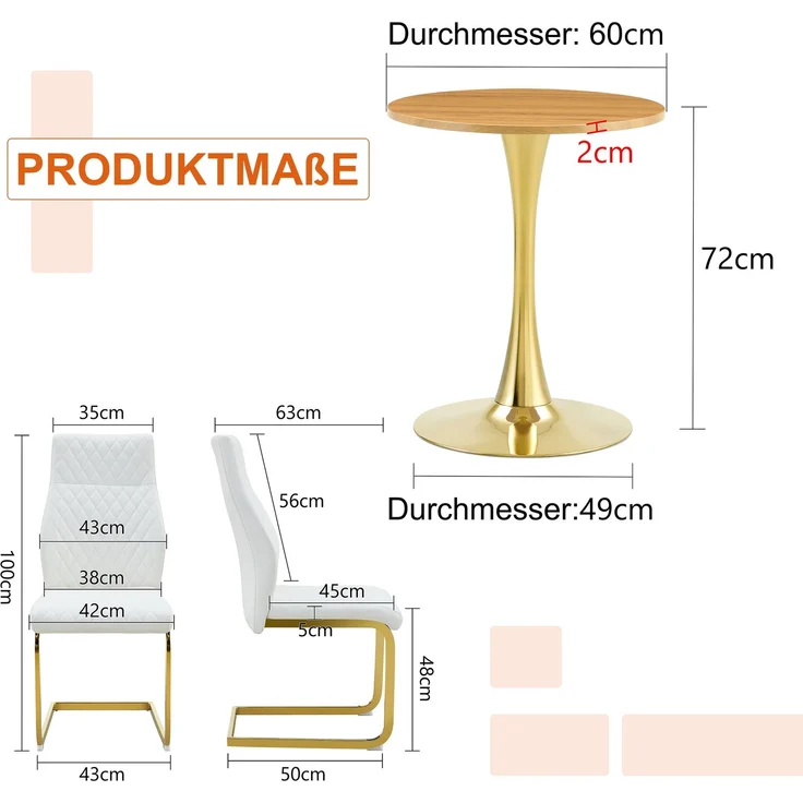 Esstischgruppe H 72 x T 60 x B 60 cm mit 2 Stühlen, MDF-Tischplatte, PU-Leder, goldfarbenes Metallgestell – Bild 4