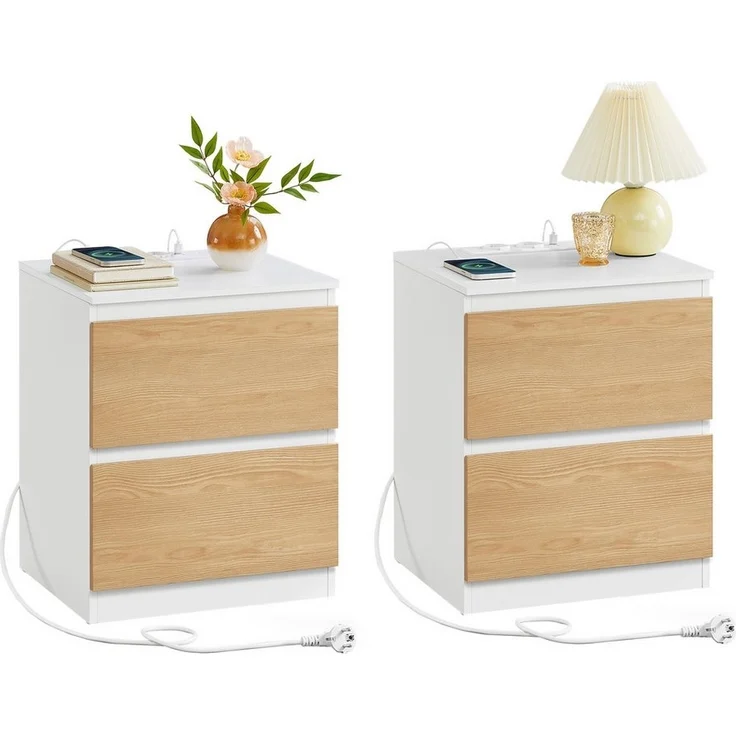 VASAGLE Nachttisch (2-St), Nachttisch mit Steckdosenleiste, Beistelltisch, 2 Schubladen, modern – Bild 1