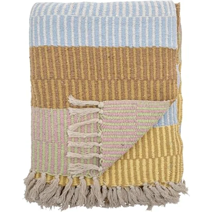 Creative Collection Bloomingville Decke ISNEL Gelb Blau Braun Gestreift 160x130 cm Wolldecke Plaid – Bild 2