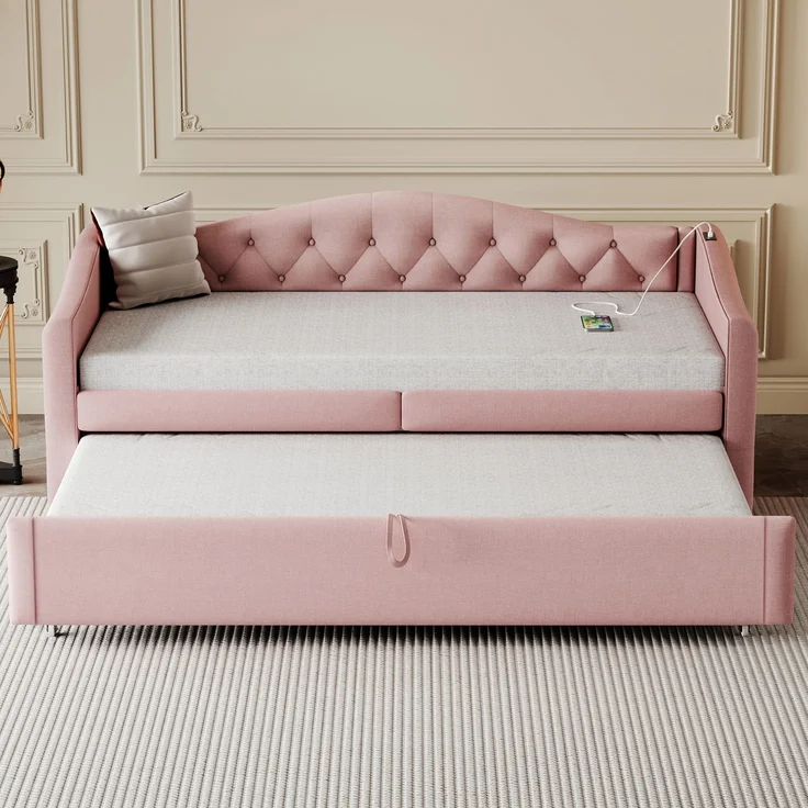 Polsterbett Ausziehbares Schlafsofa, 90*200 cm, Mit USB-Anschluss, Klassische Form mit Knöpfen mit Lattenrost, Multifunktionsbett - Gästebett, Leinenstoff, Grau (Matratze nicht enthalten) – Bild 3