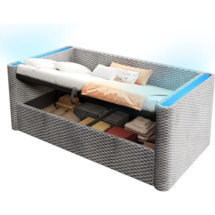 Schlafsofa mit Bettfunktion, Stauraum und LED-Beleuchtung 90x200 cm, Polsterbett, Jugendbett, Einzelbett, Samt