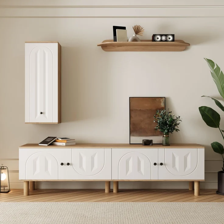 Wohnwand, 3-tlg, best, aus: Highboard, Schränke, Wandboard, Weiße und hölzerne, geschnitzte Türpaneele.--Weiß+Natur--110.01x45.09x17.68cm--YOUDENOVA – Bild 7