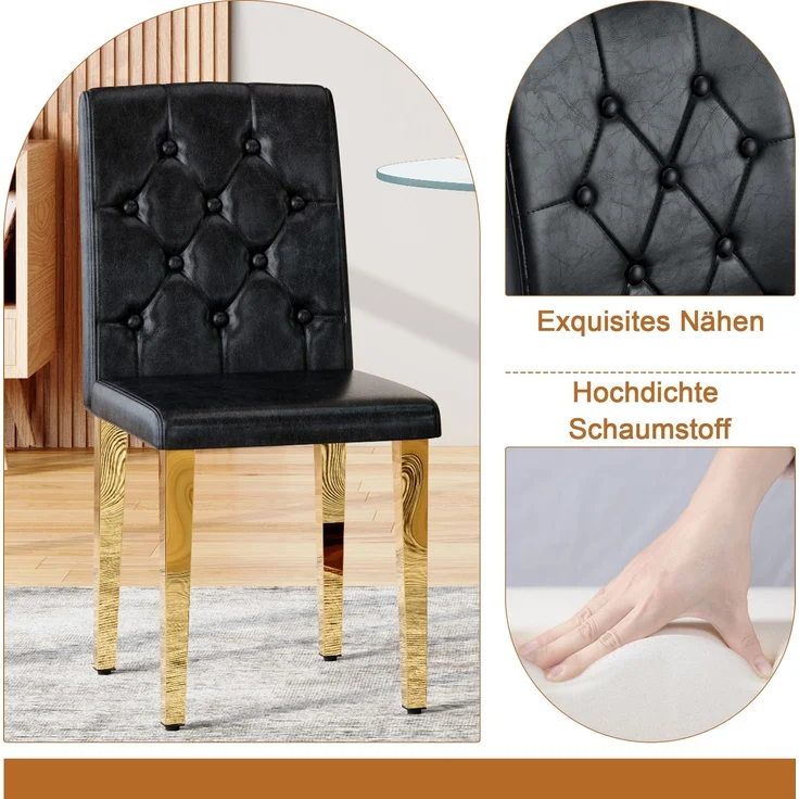 Esstischgruppe H 76 x T 85 x B 85 cm aus gehärtetem Glas und Metall in Schwarz-Gold mit 4 Stühlen – Bild 8