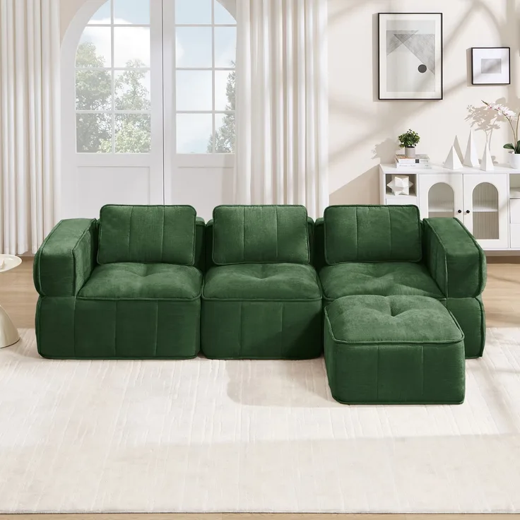 EINHOM 3-Sitzer L-förmiges rahmenloses Modulsofa mit 1 Hocker, knochenloses Design, 32D-Schaumstoff hoher Dichte, tiefes Sitzkissen, bequemer Stoff, ideal für das Wohnzimmer, Grün