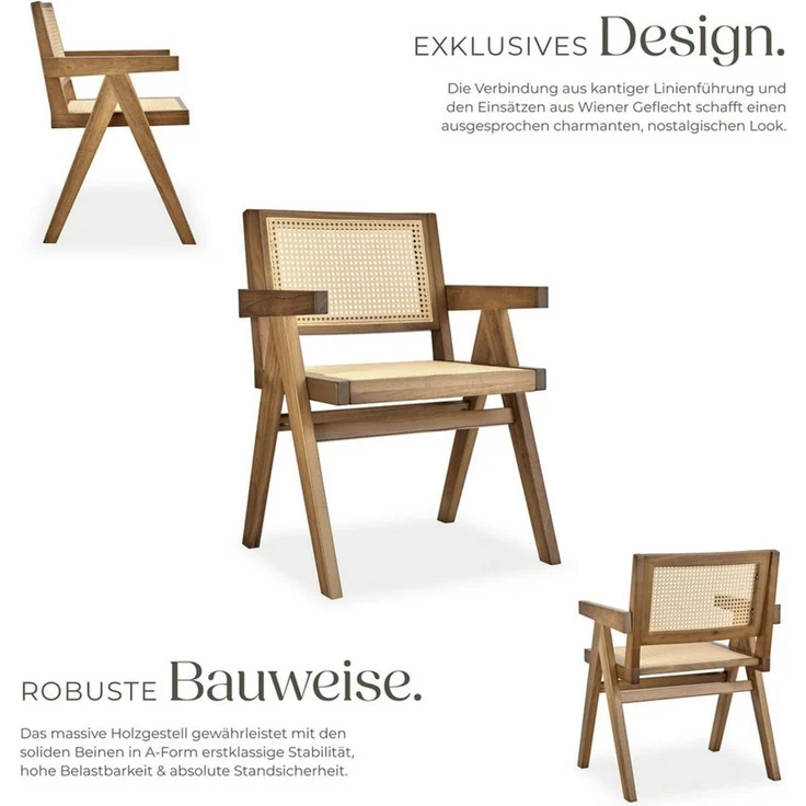 tectake Esszimmerstuhl Armlehnstuhl im Boho-Stil, 59 x 56,5 x 82,5 cm, Belastbarkeit 120 kg (Sessel Lissy in Eiche hell, 1 St), große Rückenlehne und Sitzfläche mit Wiener Geflecht, Holzgestell – Bild 3
