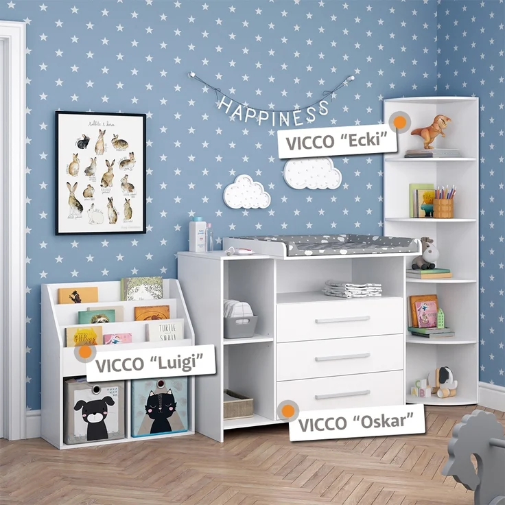 Kinderzimmer-Set Oskar Weiß 2 Teile, mit Wickelkommode und Bücherregal Vicco – Bild 2