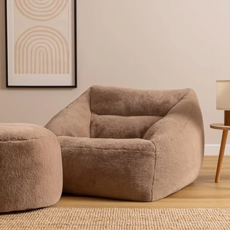 icon Natalia Sitzsack Sessel für Erwachsene mit Hocker, Mokkabraun, Flauschiger Kaninchen Kunstfell Stoff, Riesen Sitzsack mit Füllung, Bean Bag, Bequemer Sessel Wohnzimmer, Lounge, Schlafzimmer, Büro – Bild 5
