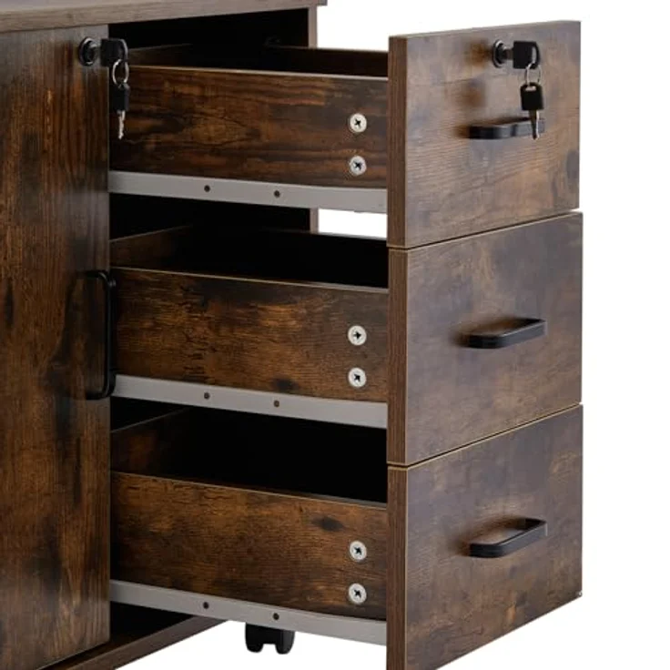 TUKAILAI Rollcontainer Aktenschrank aus Holz, Abschließbar Büroschrank mit 3 Schubladen und Tür, Mobiler Schreibtisch Unterschrank mit 4 Rollen für Büro Arbeitszimmer Wohnzimmer, 40×60×57 cm, Braun – Bild 9