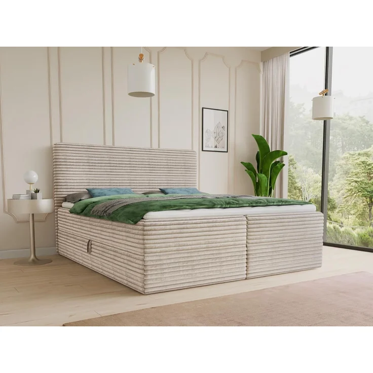 Boxspringbett Mollo mit 2 Bettkästen, Doppelbett mit Bonell-Matratze und Topper, Polsterbett in weichem Cordstoff, Bett, Bettgestell für Schlafzimmer (Beige (Tilia 03), 180 x 200 cm) – Bild 2