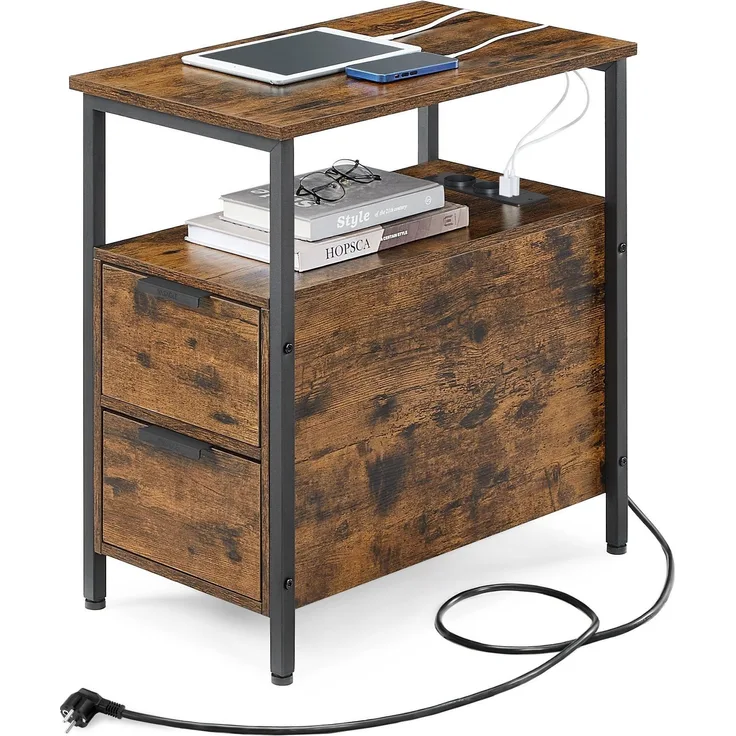 Vasagle Beistelltisch mit Steckdosenleiste und 2 Schubladen, Holzspanplatte, Vintagebraun, 60 x 35 x 61 cm, 1 Stück