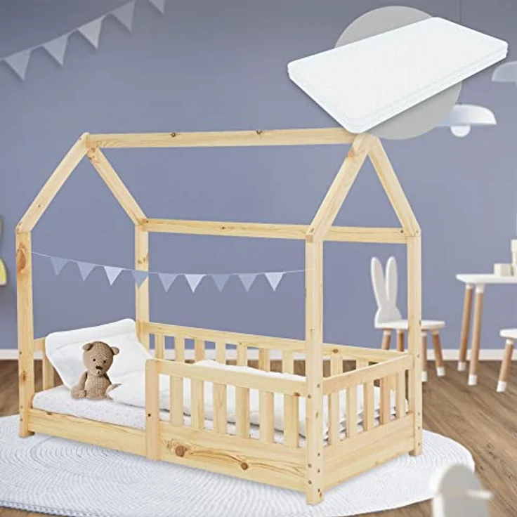 ML-DESIGN Kinderbett Hausbett Spielbett inkl. Lattenrost kreativ Bodenbett für Kinder, Abenteuerbett mit Rausfallschutz Spielbett Kiefer Natur Himmelbett – Bild 2