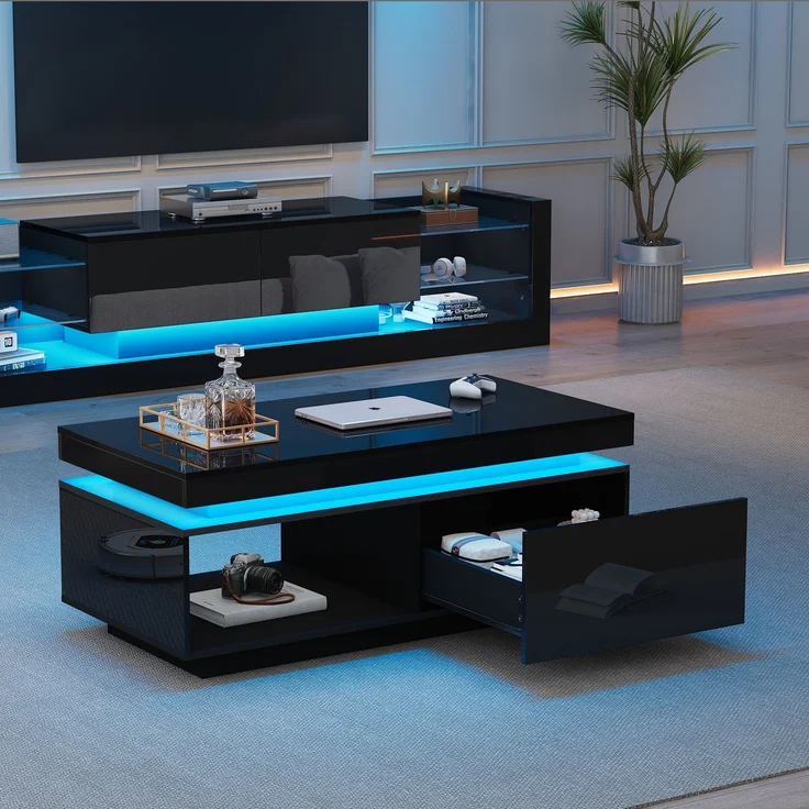 Hochglanz Couchtisch schwarz mit LED, Schublade, moderner Wohnzimmertisch, Design Beistelltisch 100×50×40 cm – Bild 5