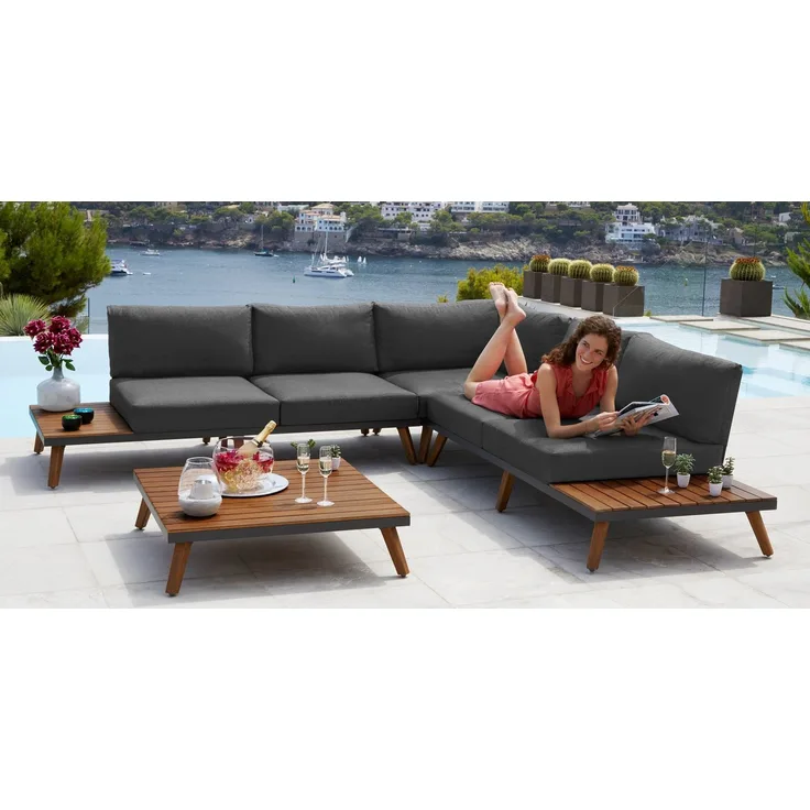 MERXX Gartenlounge-Set Athen, (15-tlg, 1x Eckbank, 1x Tisch 95x95 cm, inkl. Sitz- und Rückenkissen), Aluminiumgestell mit Akazienholz, FSC 100%, Unser Dauertiefpreis