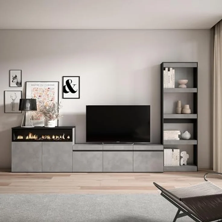 Skraut Home | Wohnwand Wohnzimmer | Wohnzimmermöbel, Möbelset | 310 x 186 x 35 cm | Für TV-Geräte bis zu 65" | Elektrokamin. | Moderner Stil | Zement – Bild 3