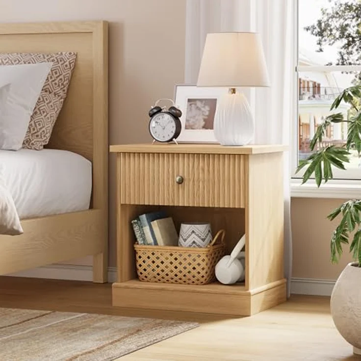 GarveeHome Nachttisch Mit Geriffelten Schubladen Und Offene Lagerung, Kommode Mit Metallgriffen, Nachttisch Mit 45 kg Tragkraft, Für Schlafzimmer Und Wohnzimmer, 57,7 x 39,6 x 61 cm – Bild 7