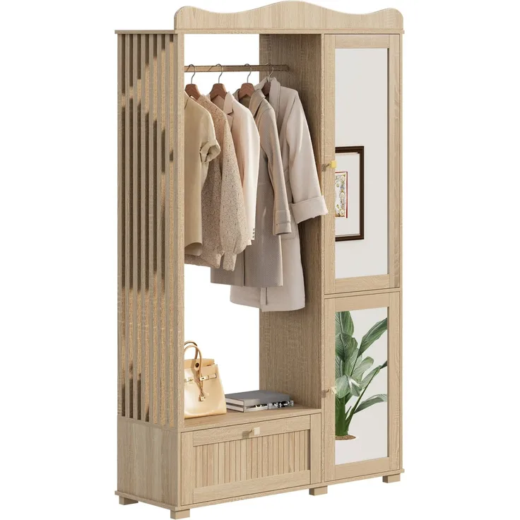 Garderobenschrank mit Spiegel & Offener Kleiderständer – ,Kompaktgarderobe,Praktische Aufbewahrung mit Schublade & 2 Türen, Ideal für Schlafzimmer & Flur--Eiche--115.5x38.5x194.5cm--YOUDENOVA