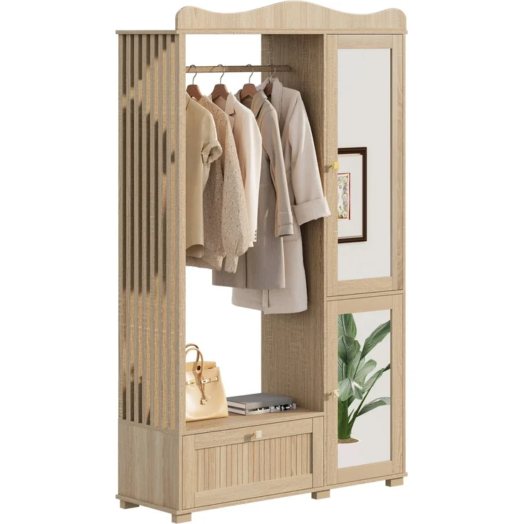 Garderobenschrank mit Spiegel & Offener Kleiderständer – ,Kompaktgarderobe,Praktische Aufbewahrung mit Schublade & 2 Türen, Ideal für Schlafzimmer & Flur--Eiche--115.5x38.5x194.5cm--YOUDENOVA – Bild 1