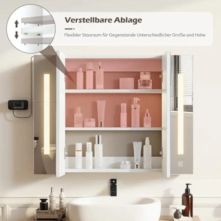 TUKAILAI LED Spiegelschrank Bad 80 x 15 x 60 cm, IP44 Wasserdicht, Stecker Stromversorgung, Moderner Badezimmerschrank mit 3 Lichtfarben, 2 Türen, 3 Verstellbaren Regalen, HD-Spiegel für Badezimmer – Bild 5
