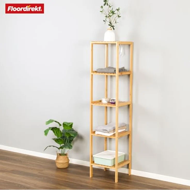 Floordirekt Bambus Regal, schmales Standregal für Badezimmer, Schlafzimmer, Wohnzimmer, Holzregal mit 3/5 Etagen, Regal Größe 34 x 33 x 146 cm (Lowa) (5 Etagen) – Bild 5