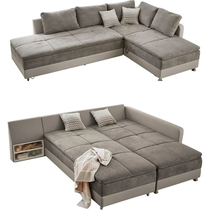 Ecksofa-Dauerschläfer Doppelbett Federkern Bettkasten Couch in Graubraun Beige – Bild 1