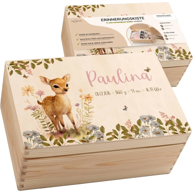 KIDSMOOD - Erinnerungsbox Baby, personalisierte Holzkiste mit Deckel, Ideal zur Aufbewahrung von Erinnerungen und als Geschenk zur Geburt, Taufe oder als Geburtstagsgeschenk für Mädchen und Jungen