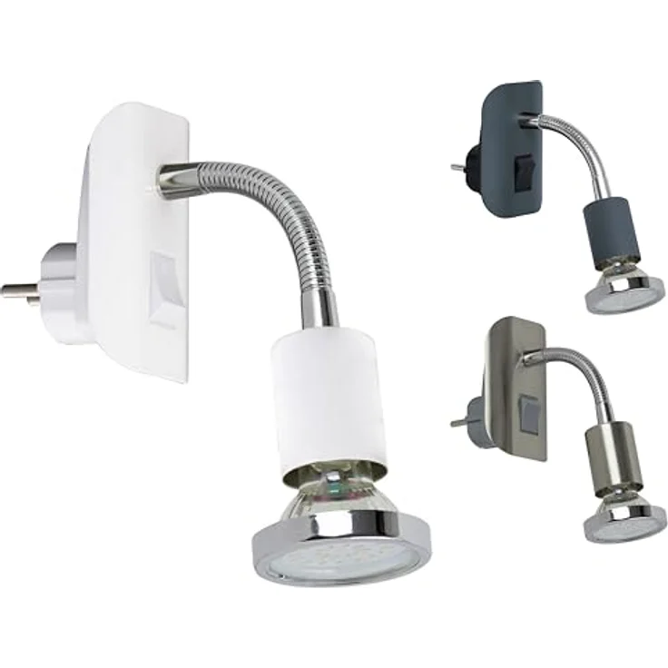 TRANGO LED Steckdosenleuchte, 11-056 Steckerleuchte in Weiß matt Steckerlicht *FLEXI* Nachtlicht inkl. je 1x GU10 3000K warmweiß LED Leuchtmittel Chrom Ring, ON/OFF Schalter Leselampe, Wandlampe, Küchenlampe – Bild 5